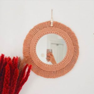 Bohemian Wall Mirror Decor in Peach Color with Fringes Velmora Living