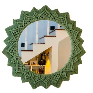 Macrame Round Wall Mirror in Green Color by Velmora Living