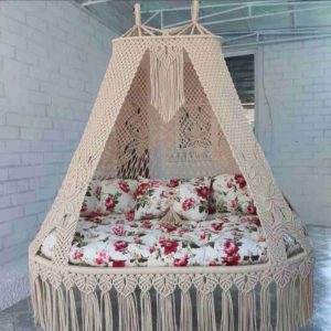 Macrame Swing Bed with Floral Pattern Mattress by Velmora Living-Beige