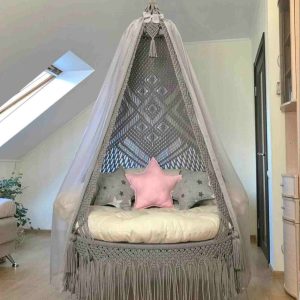 Fabric Swing Jhula with Star Cushion & Curtains by Velmora Living
