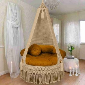 Macrame Outdoor Swing Chair In Beige Colour by Velmora Living