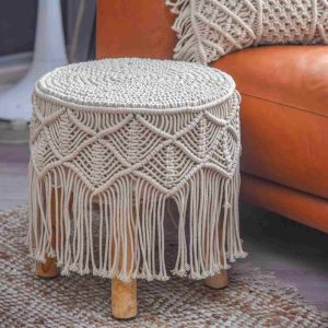 Luxurious Handmade Macrame Ottoman stool in Off White colour by Velmora Living